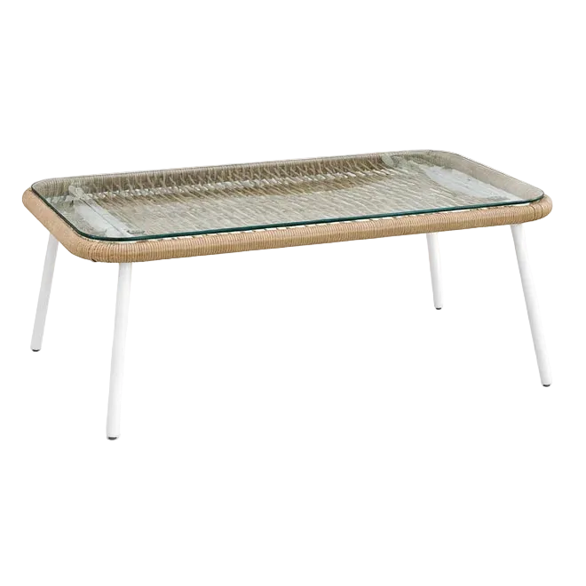 Calira 4-Piece Outdoor Rattan Sofa Set – 2-Seater, 2 Chairs & Glass Coffee Table, Beige & Light Brown