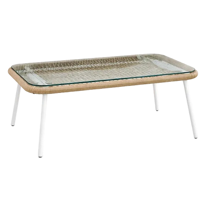 Calira 4-Piece Outdoor Rattan Sofa Set – 2-Seater, 2 Chairs & Glass Coffee Table, Beige & Light Brown