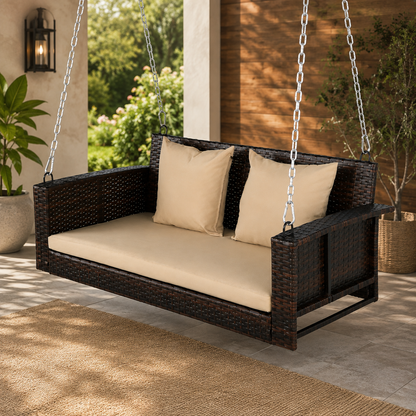 Zen 2-Seater Rattan Hanging Patio Swing with Cushions and Chains