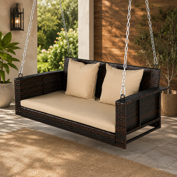 Zen 2-Seater Rattan Hanging Patio Swing with Cushions and Chains