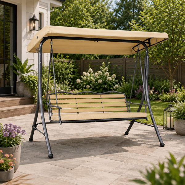 Trio Cushioned 3-Person Outdoor Swing with Adjustable Canopy – Beige