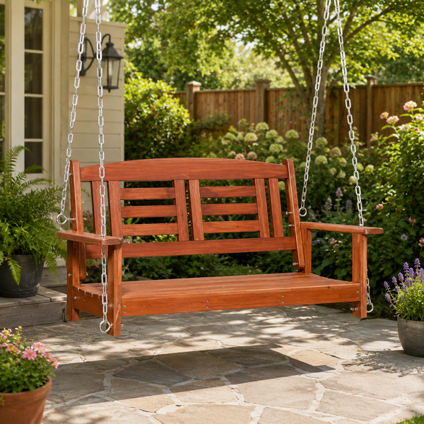 Harmony 2-Person Fir Wood Hanging Porch Swing with Chains – Reddish Brown