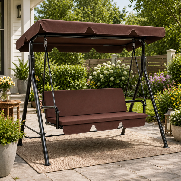 Bliss 3-Person Outdoor Patio Swing with Adjustable Canopy and Cushions – Brown