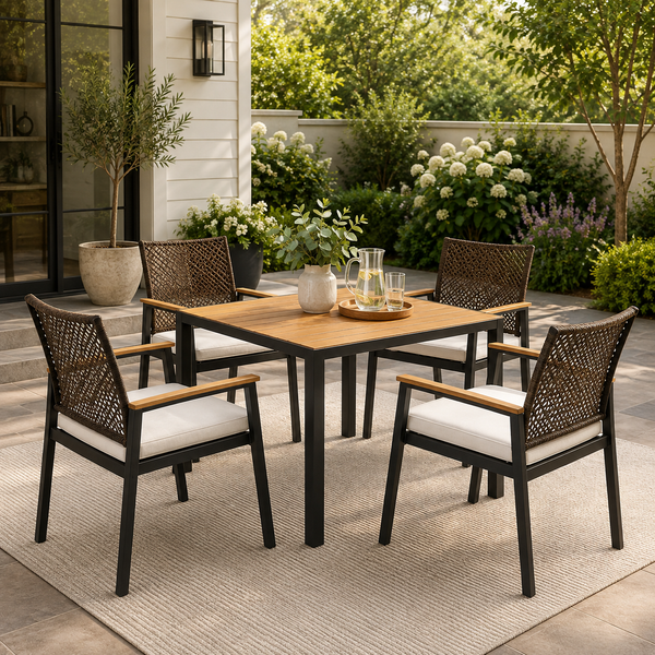 Verano 5-Piece Patio Dining Set with Rattan Chairs and Acacia Wood Table