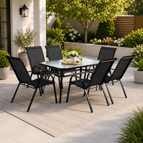 Kara 7-Piece Outdoor Dining Set – Glass Top Table with 6 Sling Chairs