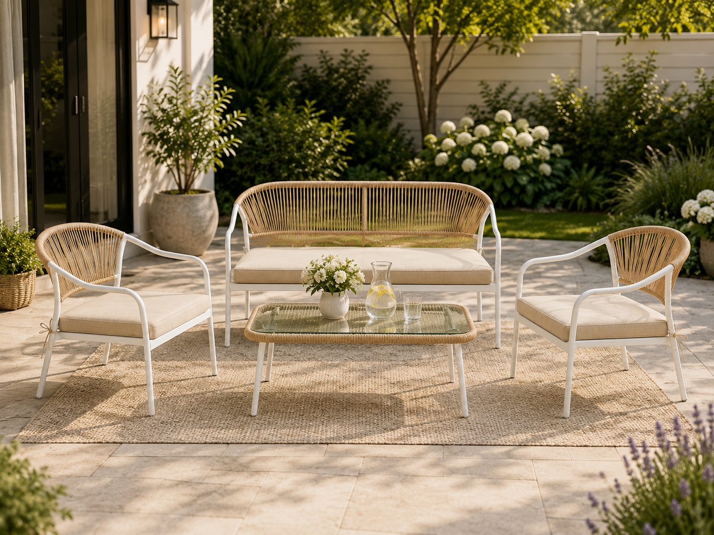 Calira 4-Piece Outdoor Rattan Sofa Set – 2-Seater, 2 Chairs & Glass Coffee Table, Beige & Light Brown