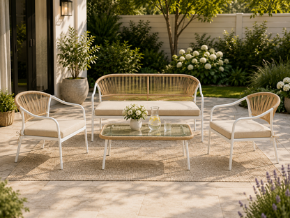 Calira 4-Piece Outdoor Rattan Sofa Set – 2-Seater, 2 Chairs & Glass Coffee Table, Beige & Light Brown