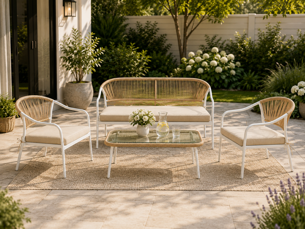 Calira 4-Piece Outdoor Rattan Sofa Set – 2-Seater, 2 Chairs & Glass Coffee Table, Beige & Light Brown